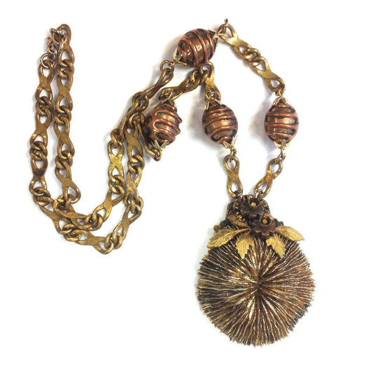 1970s  Copper & Brass Pendant Necklace | 70s Brass Anemone Necklace | Brutalist | Hippie