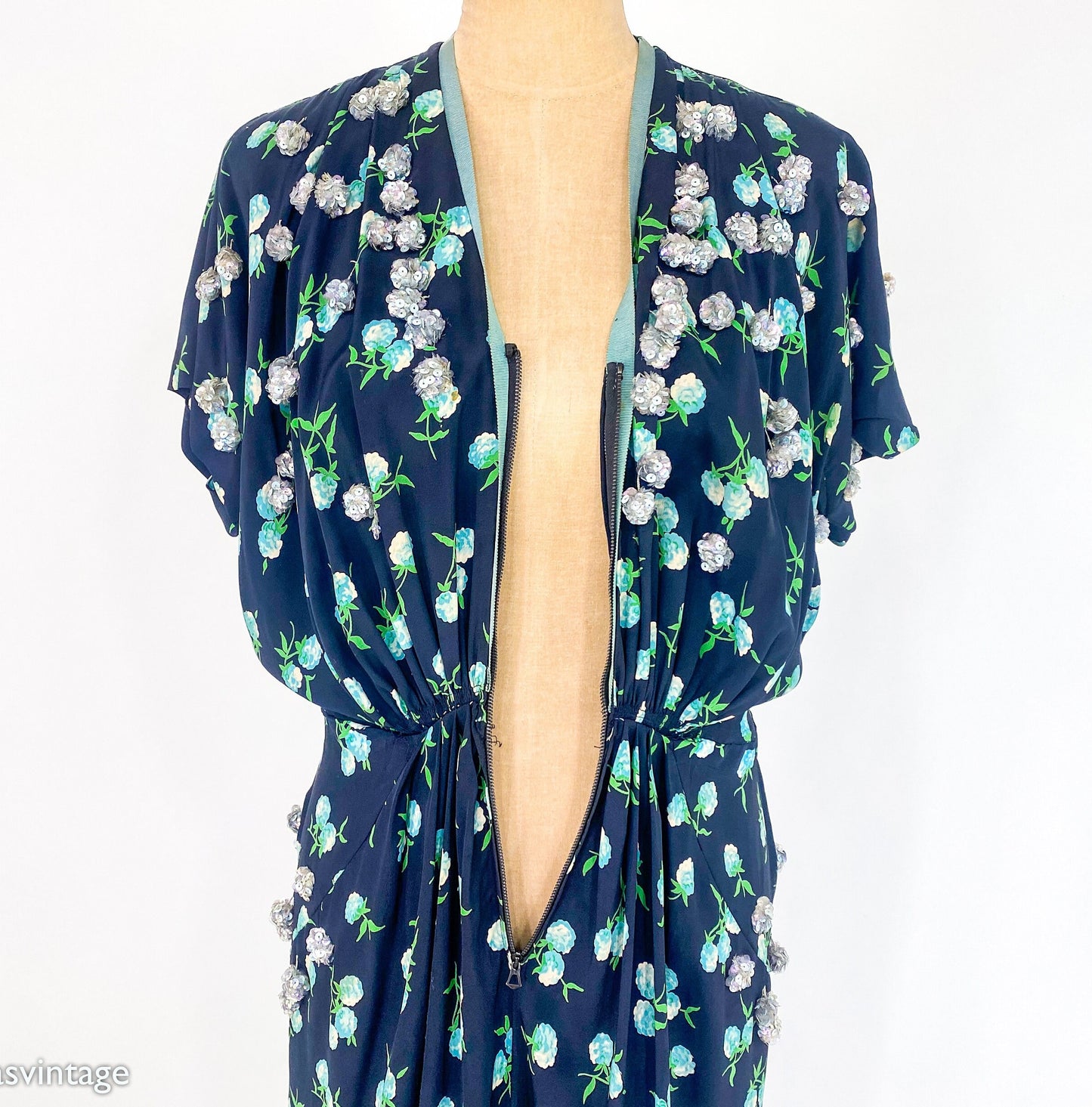 1940s Navy Blue Floral Sequin Dress, Large