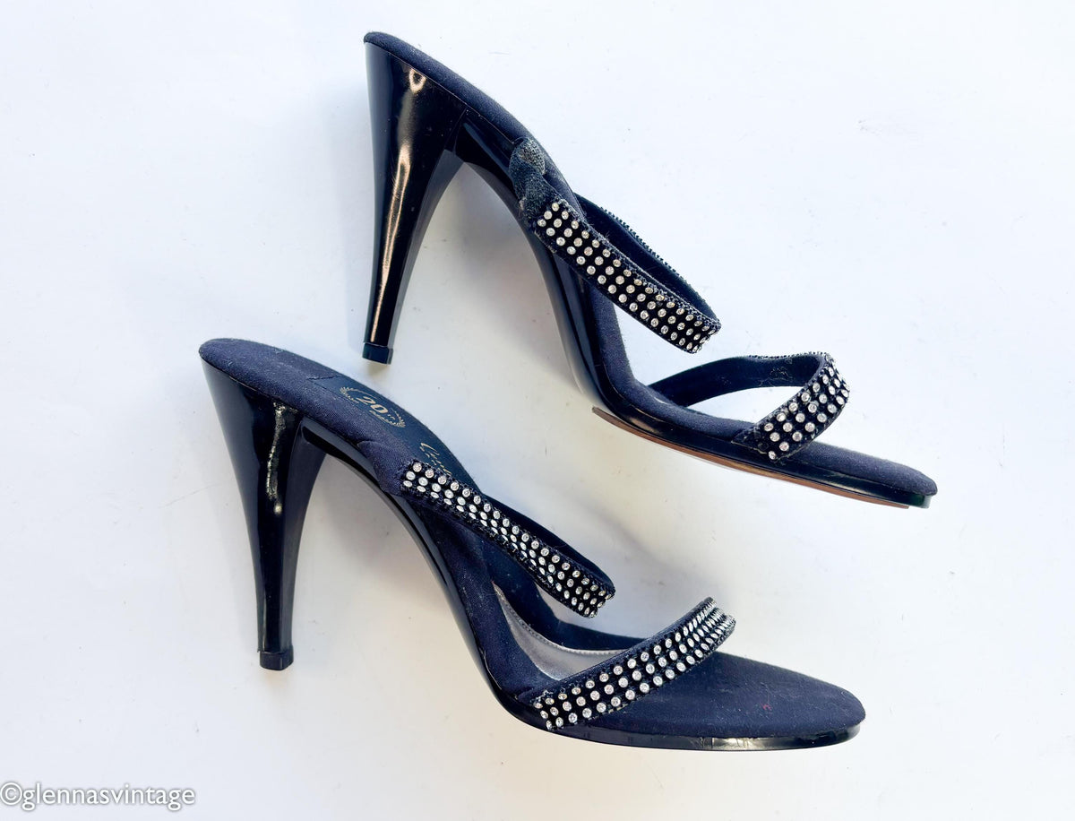 1950s Black Rhinestone Strappy Heels Sandals, US 8