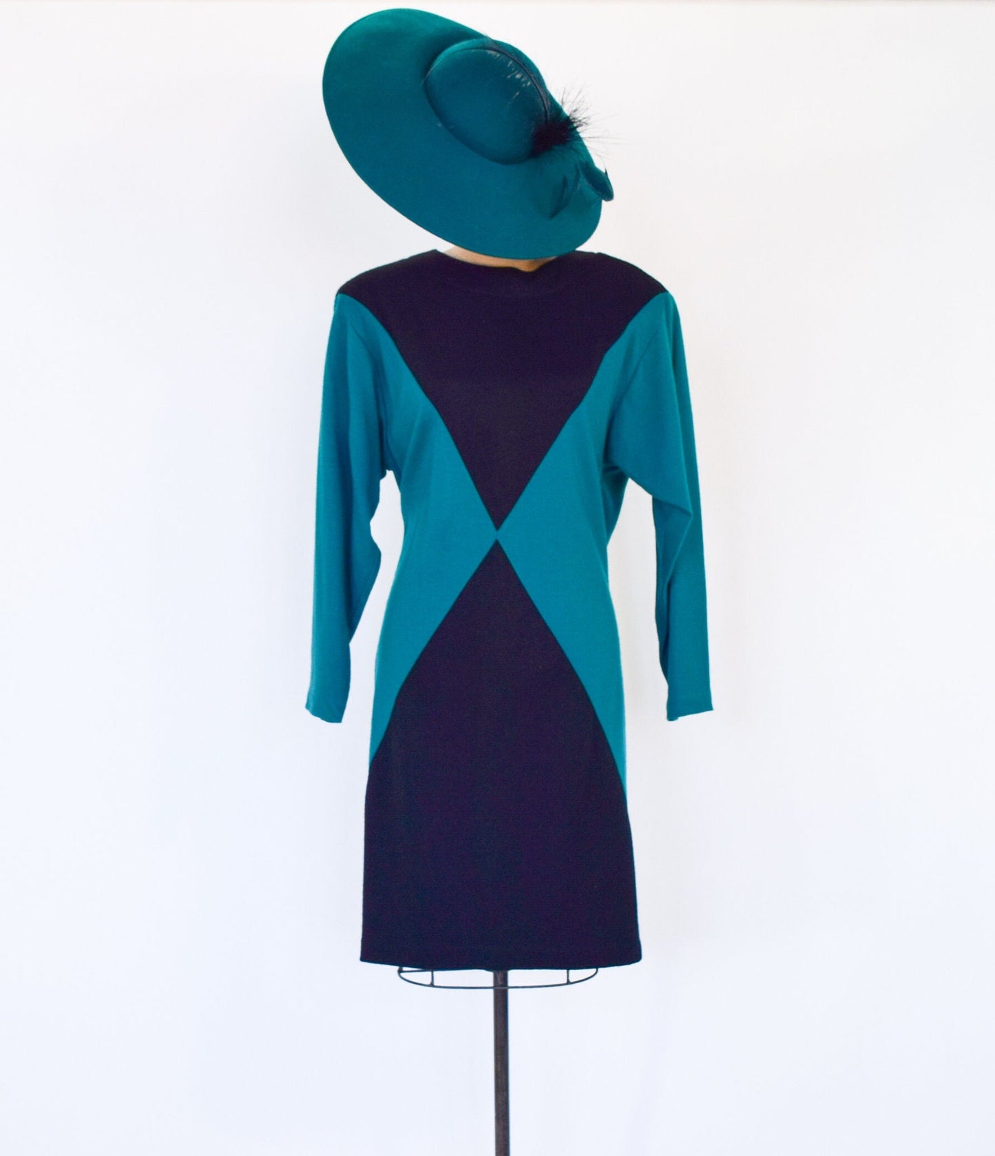 1980s Turquoise Color Block Knit Dress, Medium