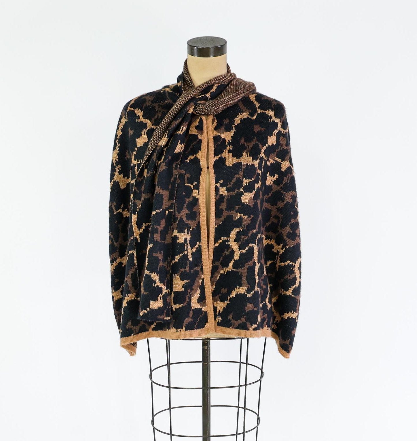 2000s Animal Print Sweater Cape | Brown Knit Shrug | Betsey Johnson, One Size