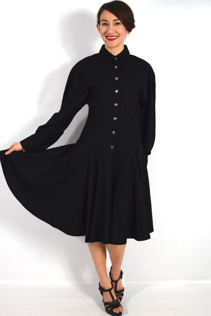 Byblos | 1990s Black Wool Dress | 90s Black Pleated Wool Gabardine Dress | Black Wool Dress  | Byblos | Medium