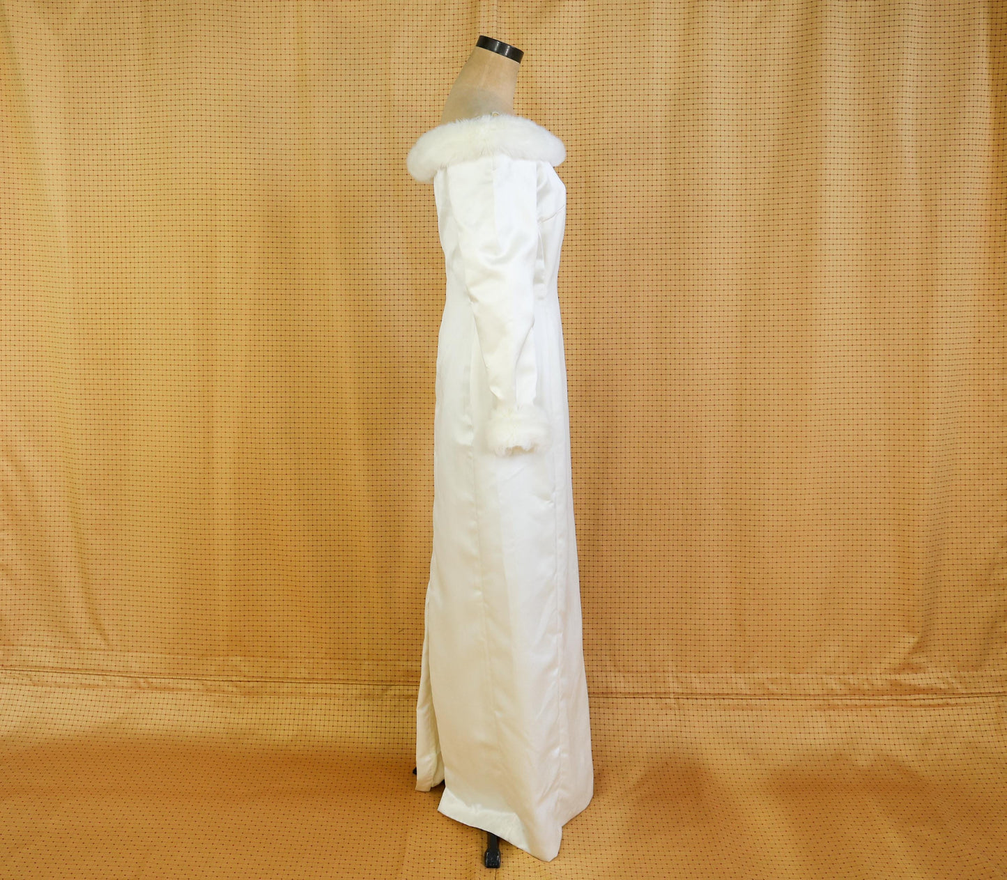 1980s Satin Wedding Dress with Faux Fur Trim, Large