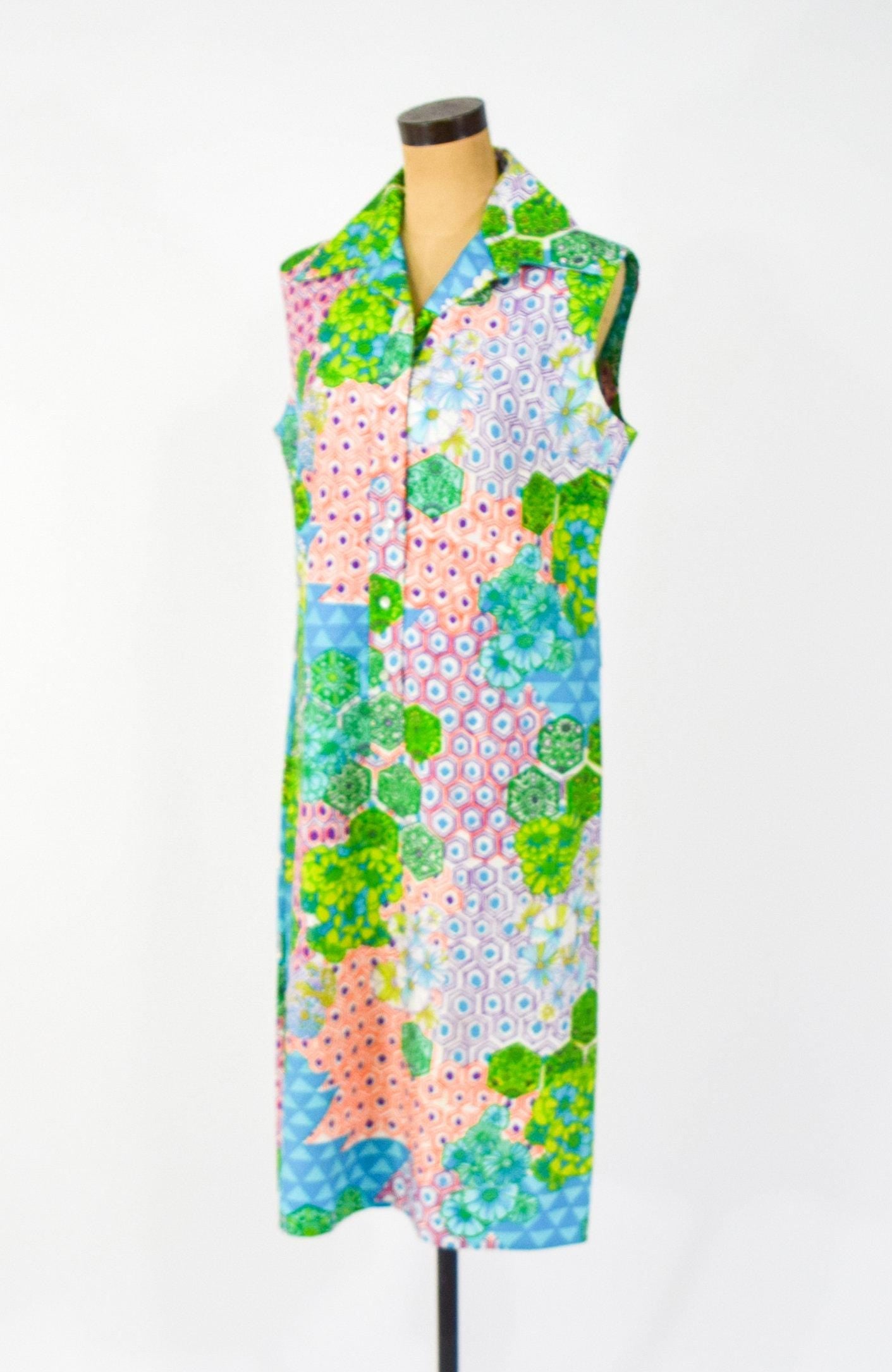 1970s Op Art Sleeveless Dress, Large