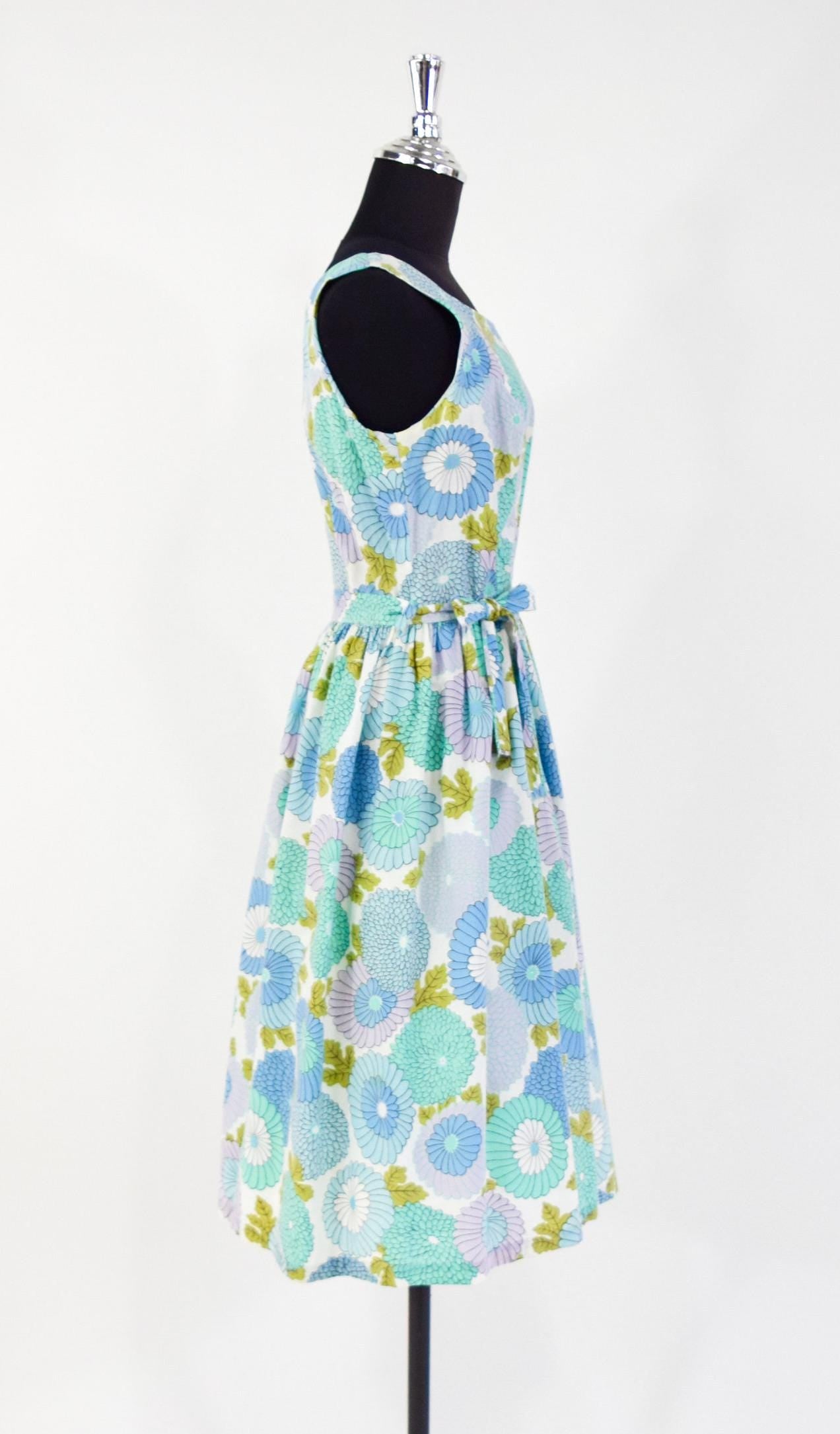 1950s Blue Turquoise Floral Print Cotton Day Dress, Medium