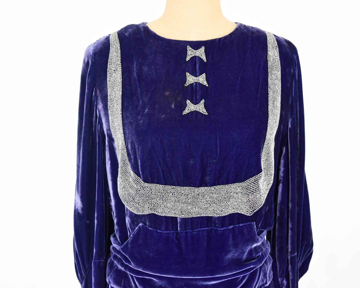 1900s Purple Silk Velvet Gown, Beaded Evening Dress, Medium Large