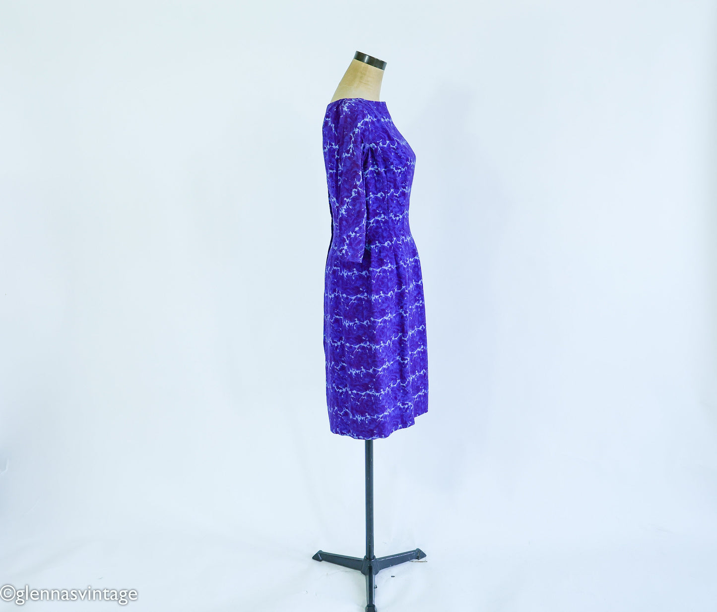 1950s Purple & Blue Print Wiggle Dress, Small