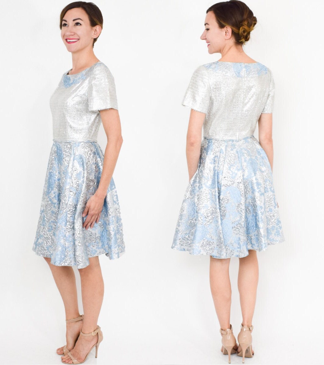 1960s Blue & Silver Party Dress | 60s Metallic Blue Floral Brocade Dress | Extra Small