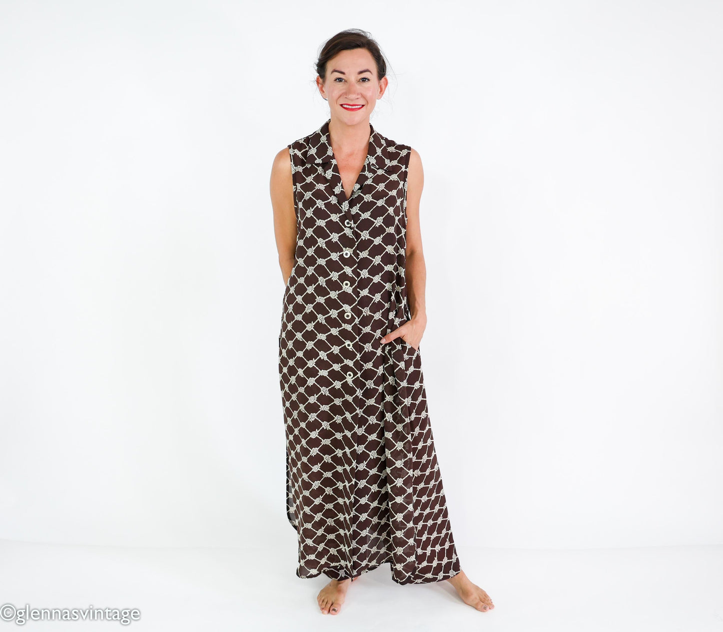 1990s Brown Print Dress & Pants | Sleeveless Dress Pant Set, Large