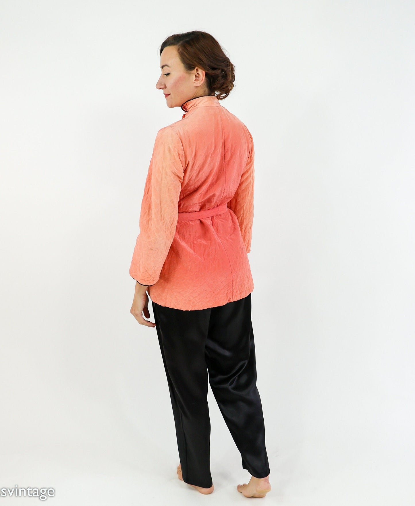 1940s Coral Quilted Pajamas Set, Peach Robe & Slacks, Medium