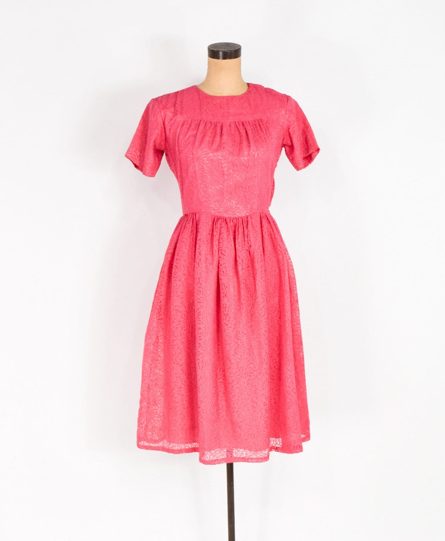 1950s Pink Chiffon Dress in Floral Burnout Fabric, Small