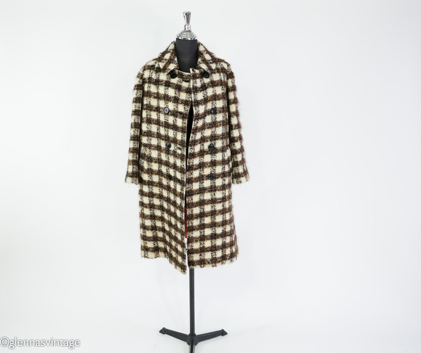 1960s Brown & Creme Plaid Wool Coat, Large