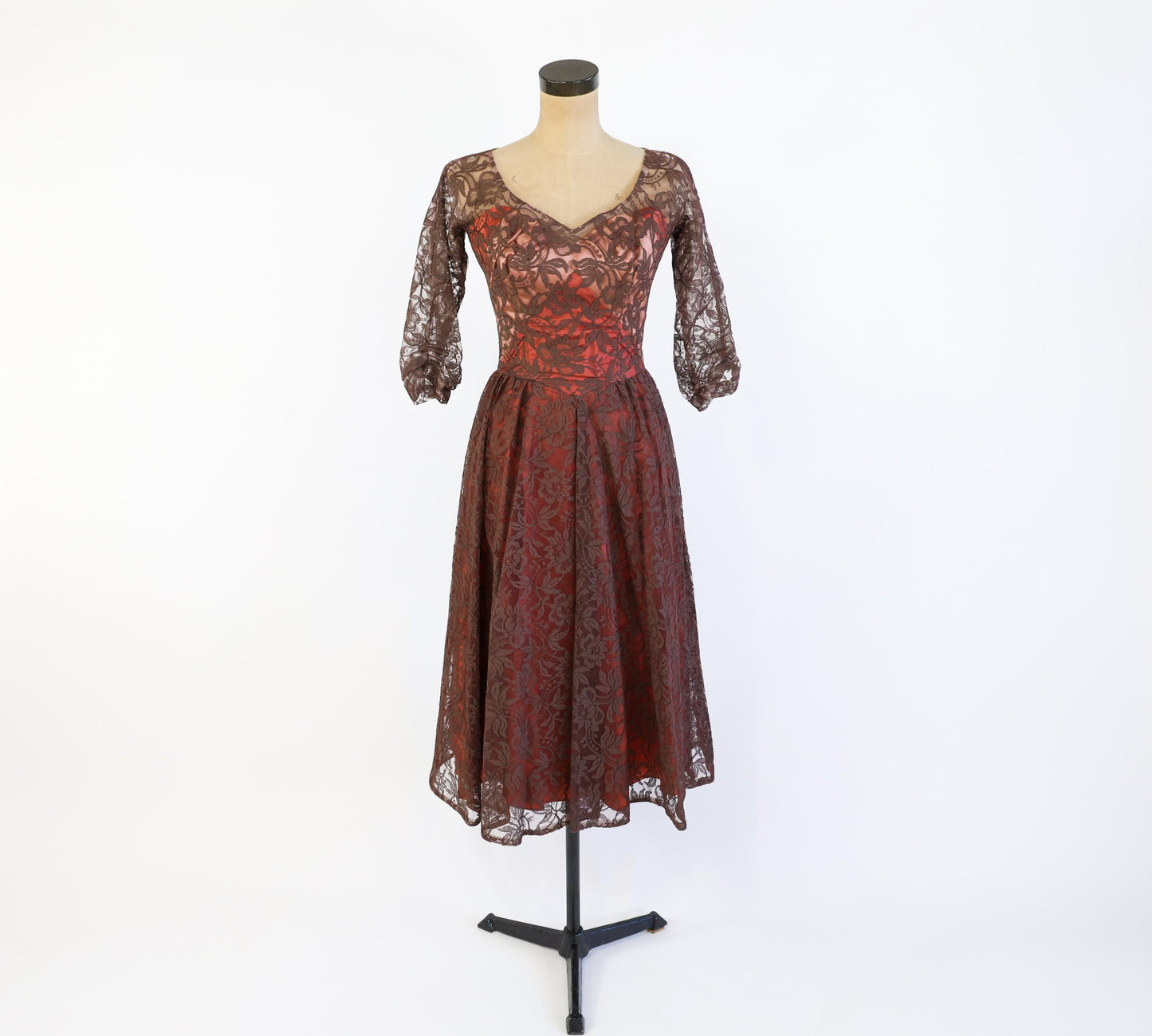 1950s Brown & Pink Lace Party Dress, Small