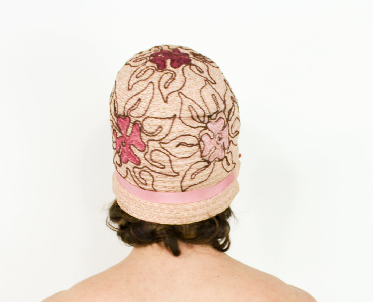 1920s Style Cloche Hat, Pink Floral Embroidered Flapper Hat, Downton Abbey Era