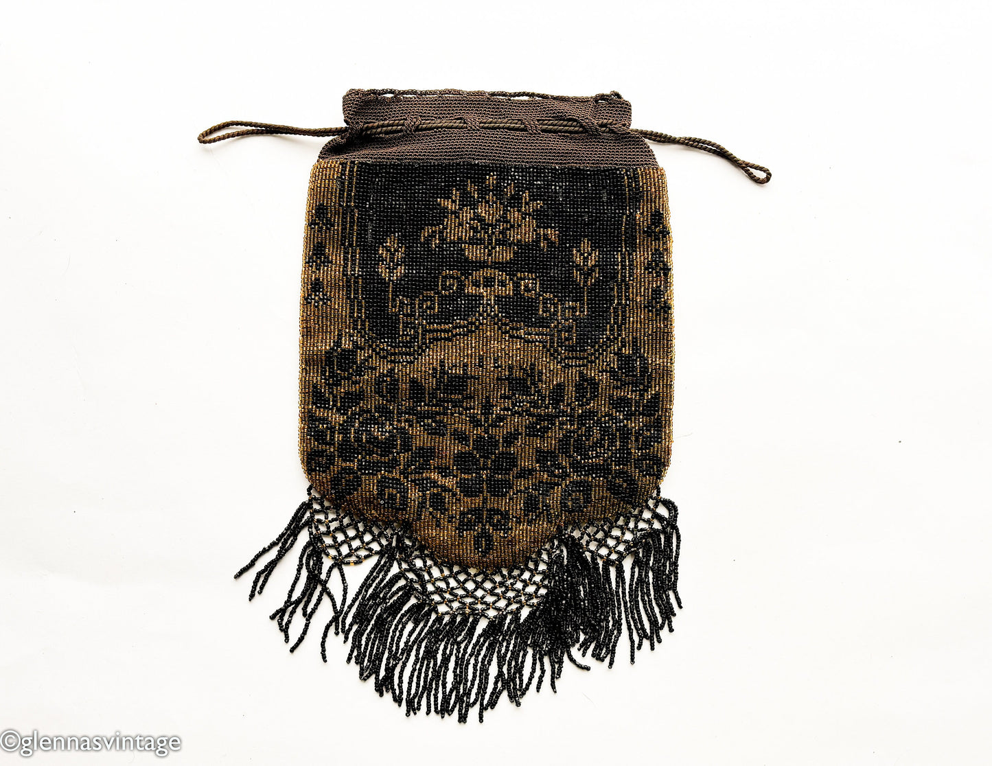 1900 Colorful Floral Beaded Purse | Brown & Black Beaded Bag
