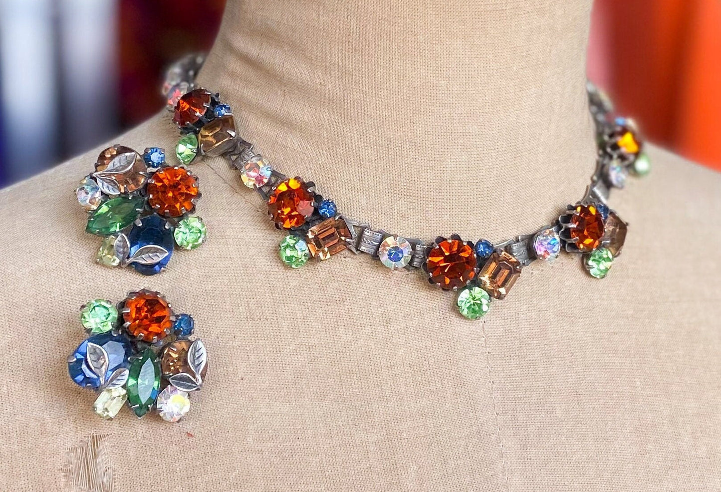 Vendôme | 1940s Rhinestone Necklace Earrings Jewelry Set | 40s Autumn Rhinestone Evening Necklace Set | Vendôme