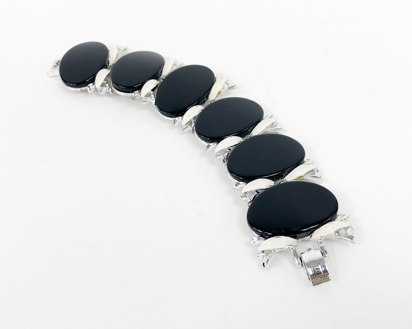 1960s Black Plastic Link Bracelet | 60s Black Ovals Lucite Bracelet | Black Link Bracelet
