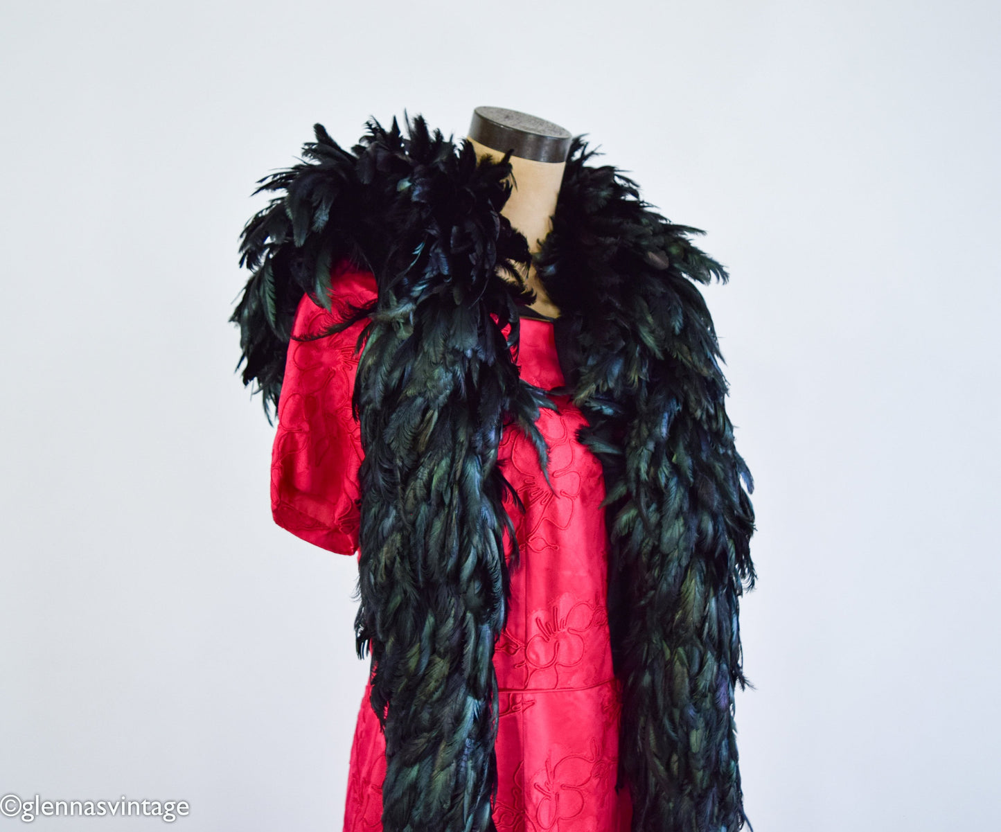 1900s Iridescent Black Feather Boa with Silk Backing and Ties, Edwardian Era Scarf