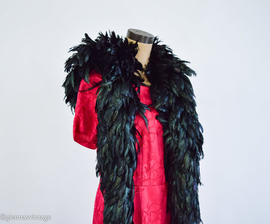 1900s Iridescent Black Feather Boa with Silk Backing and Ties, Edwardian Era Scarf