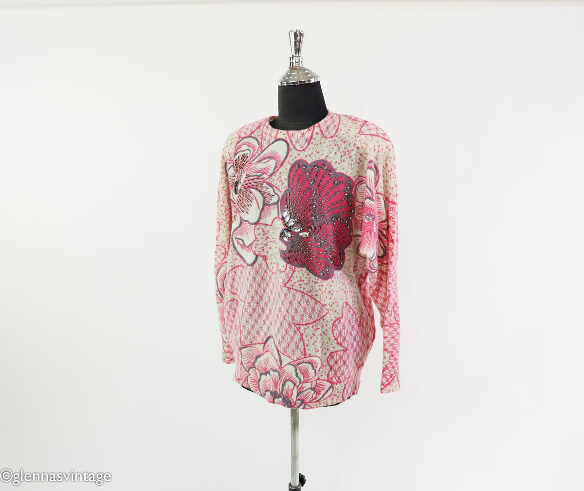 1980s Pink Flower Lambswool Sweater, Medium