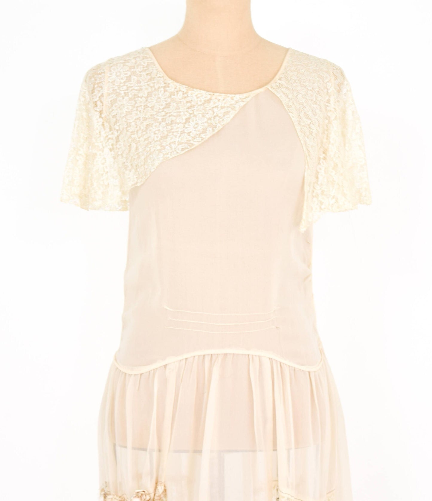 1920s Ivory Silk Chiffon Dress | 20s Ivory Chiffon & Lace Dress | Wedding  | Small