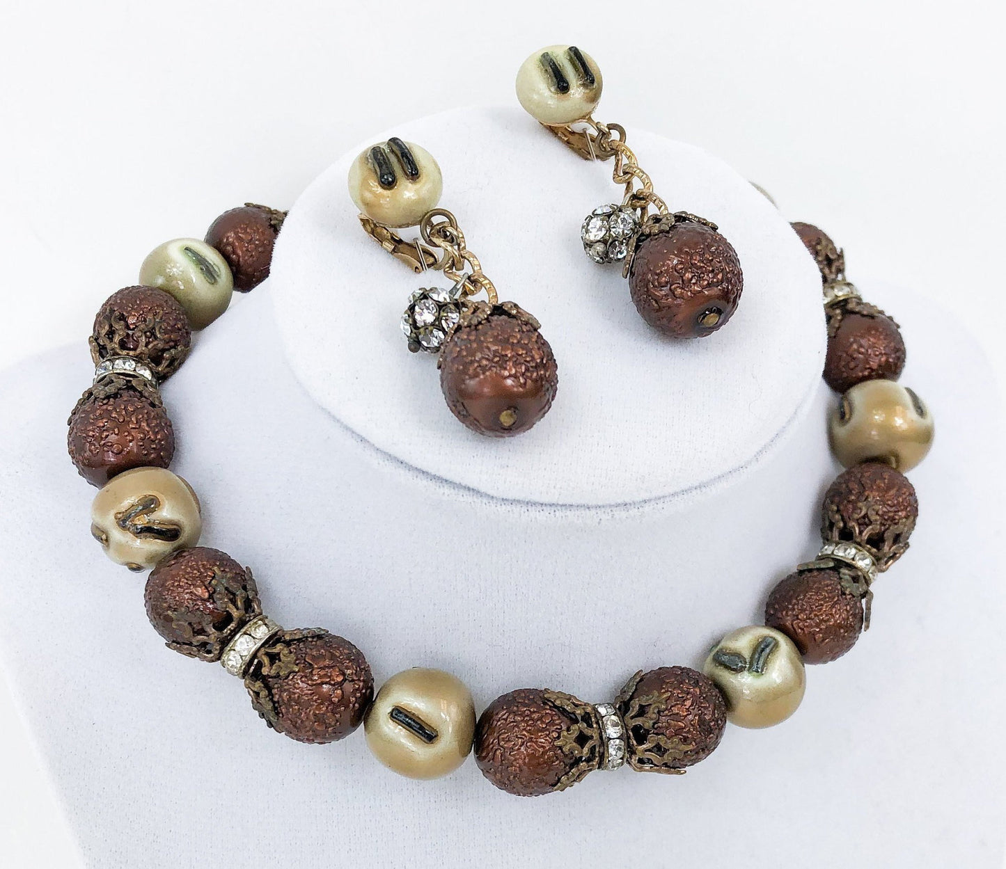 1950s Copper Bead Choker and Clip Earring Jewelry Set
