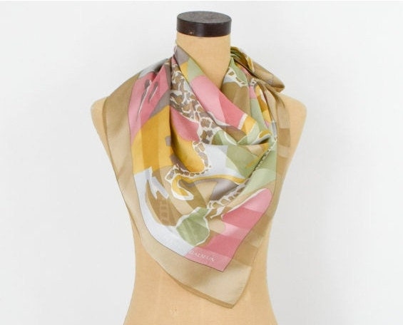 1980s Pierre Balmain Beige Pastel Print Silk Scarf