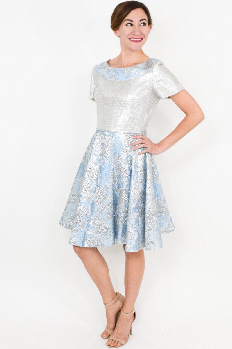 1960s Blue & Silver Party Dress | 60s Metallic Blue Floral Brocade Dress | Extra Small