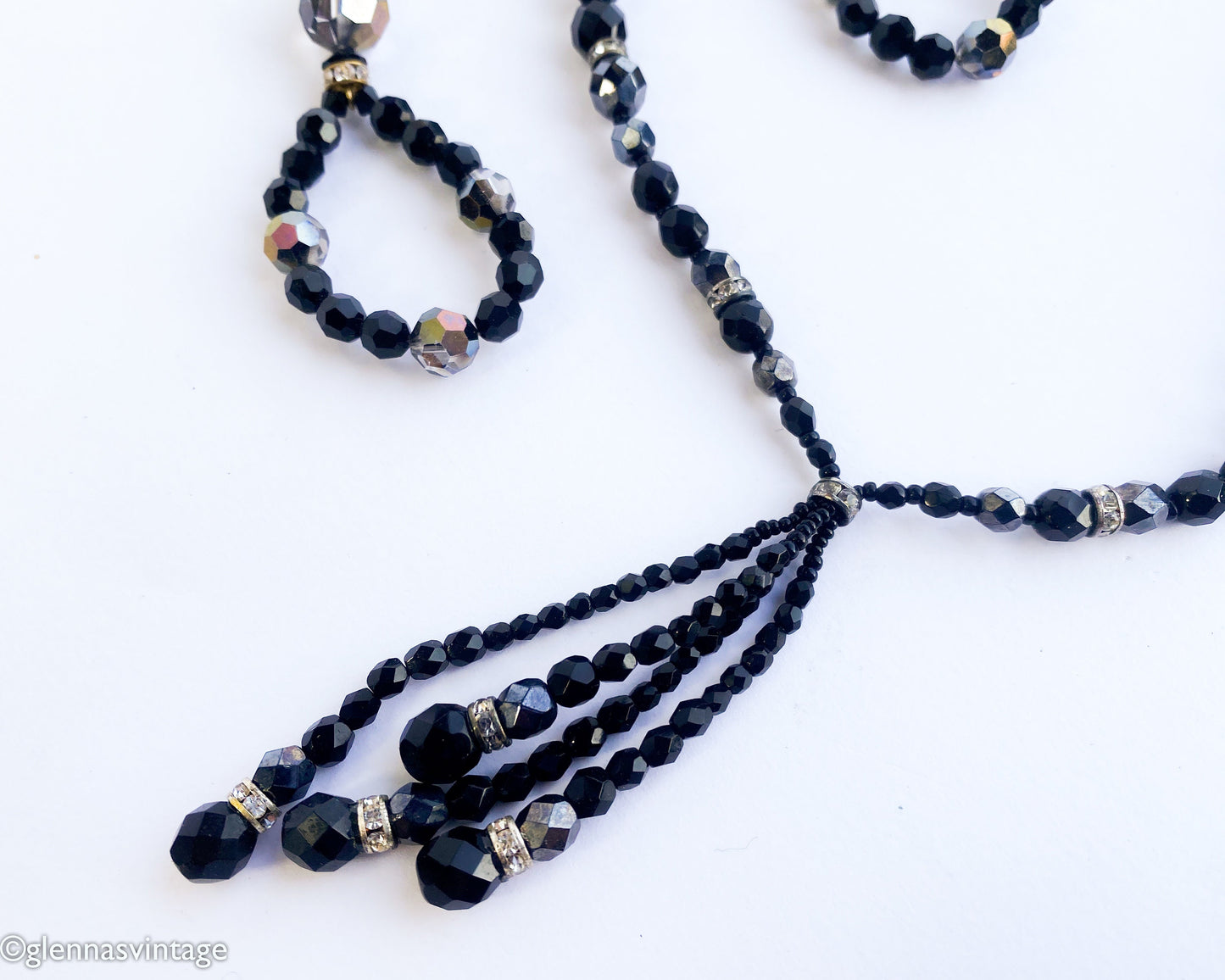 1980s Black Crystal Bead Necklace Set | 80s Black Glass Bead Pendant Earring Set | Black Pendant & Matching Pierced Loop Earrings
