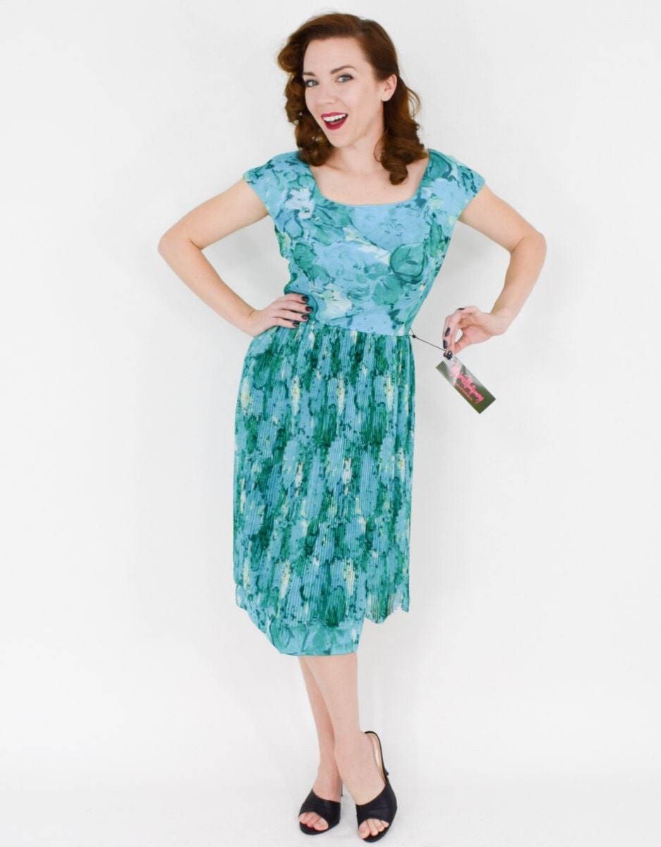 1950s Turquoise Blue Silk Dress, Medium