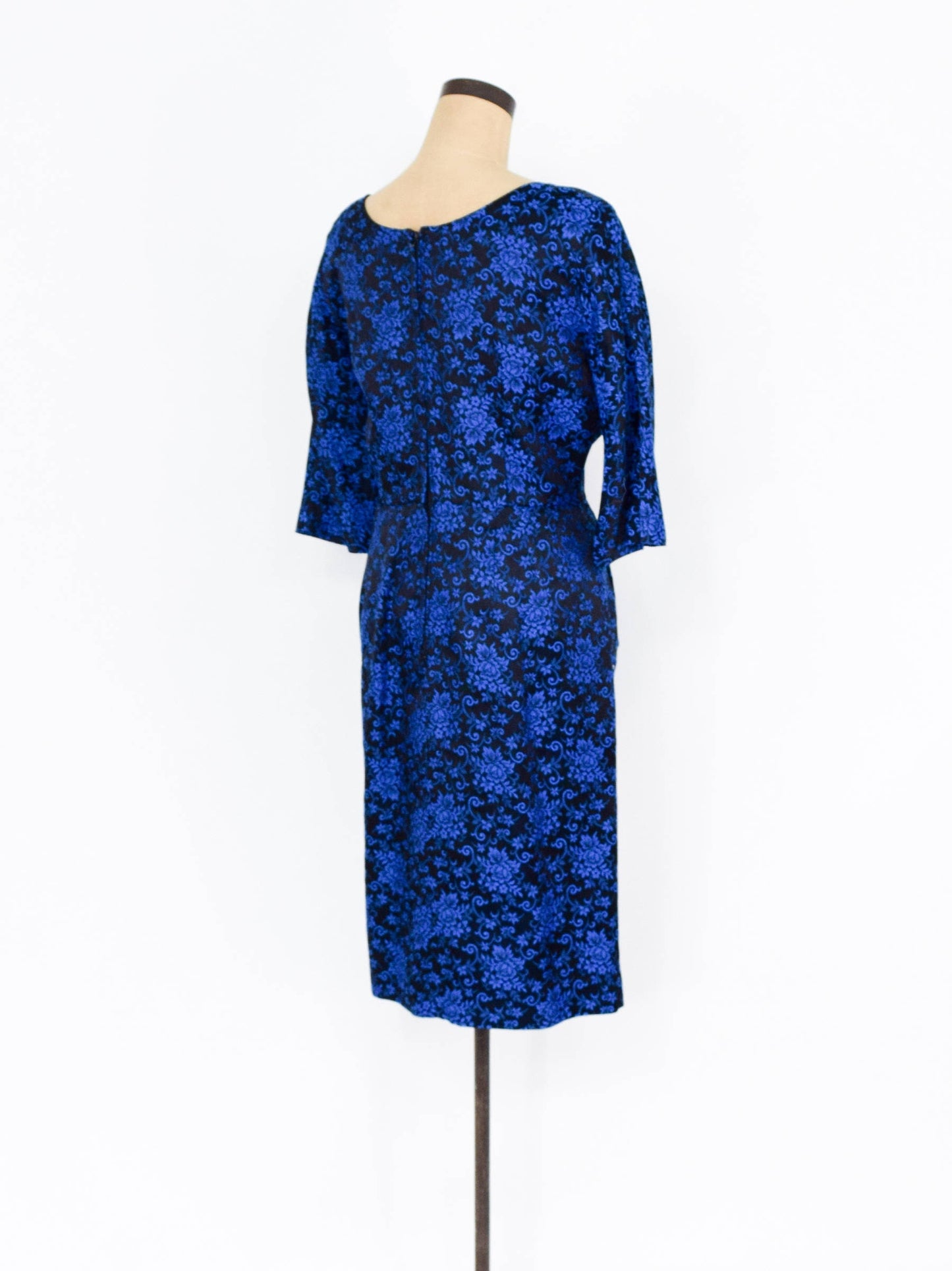 1950s Royal Blue Floral Brocade Party Dress, Medium