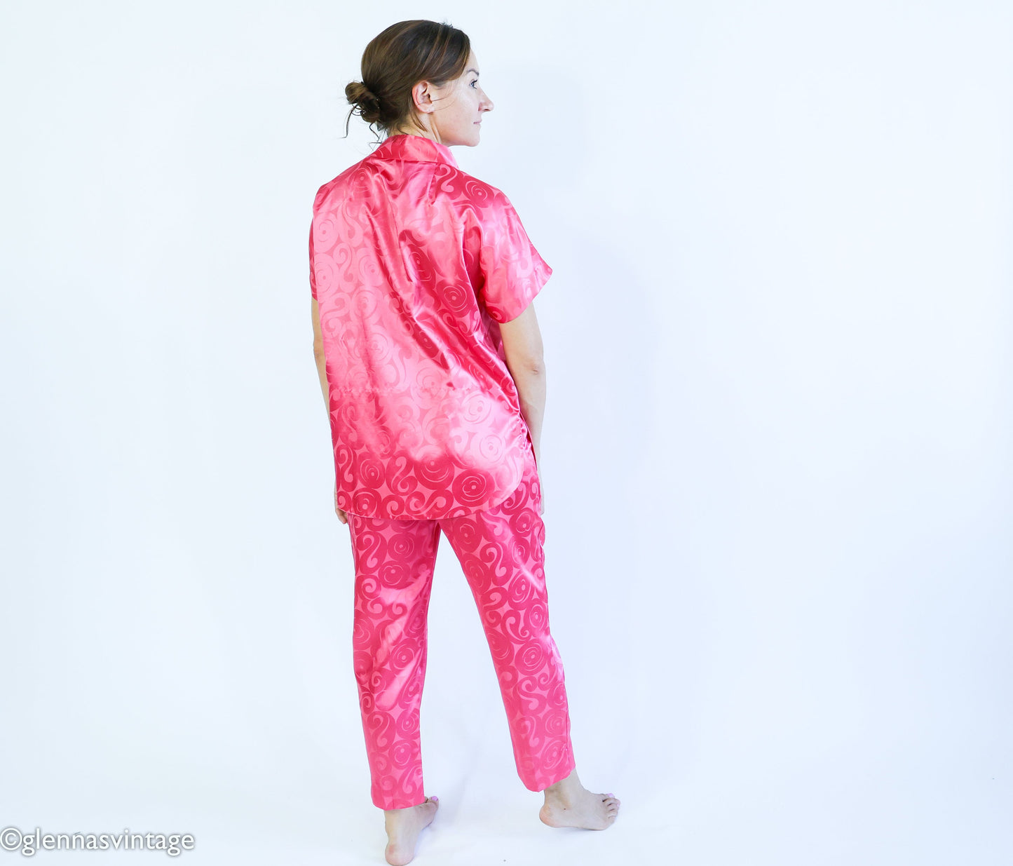1960s Pink Satin Pajamas, Top & Pants Set, Medium