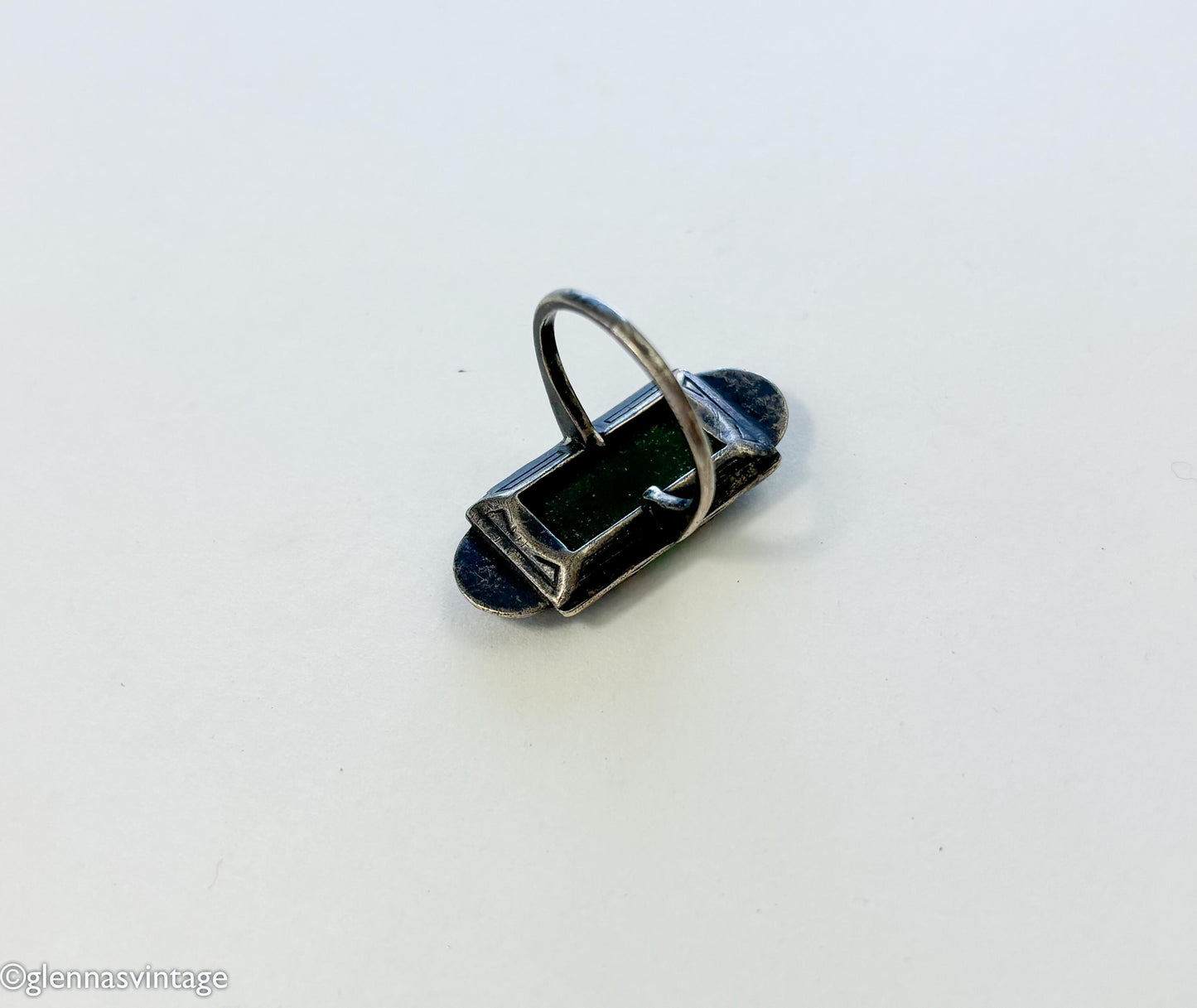 1930s Art Deco Green Onyx Sterling Silver Marcasite Ring, Size 5 3/4