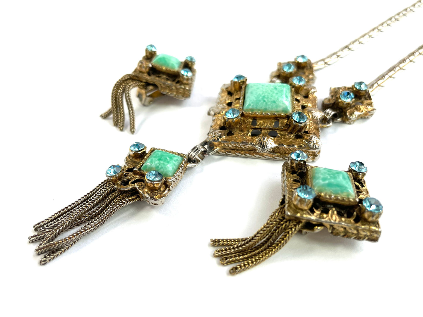 1940s Baroque Jewelry Set, Turquoise Stone Pendant Necklace & Earrings Set
