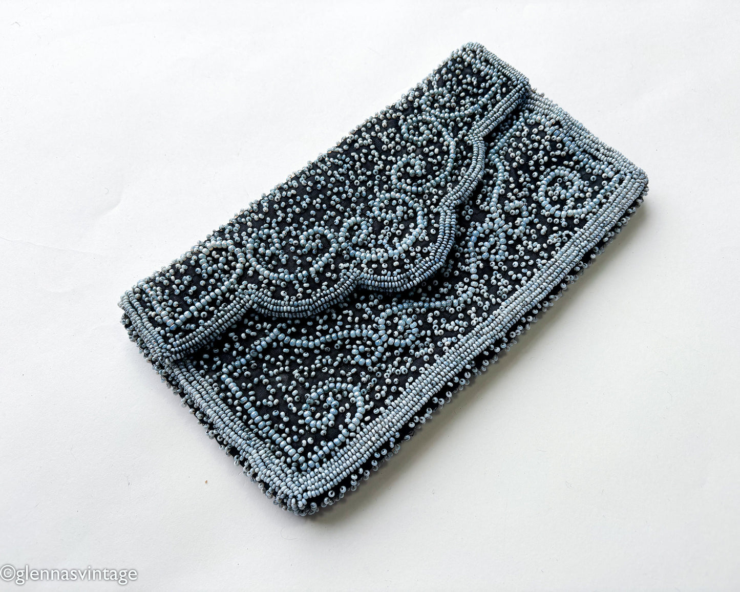 1950s Black & Blue Beaded Clutch | 50s Pale Blue Seed Bead Clutch