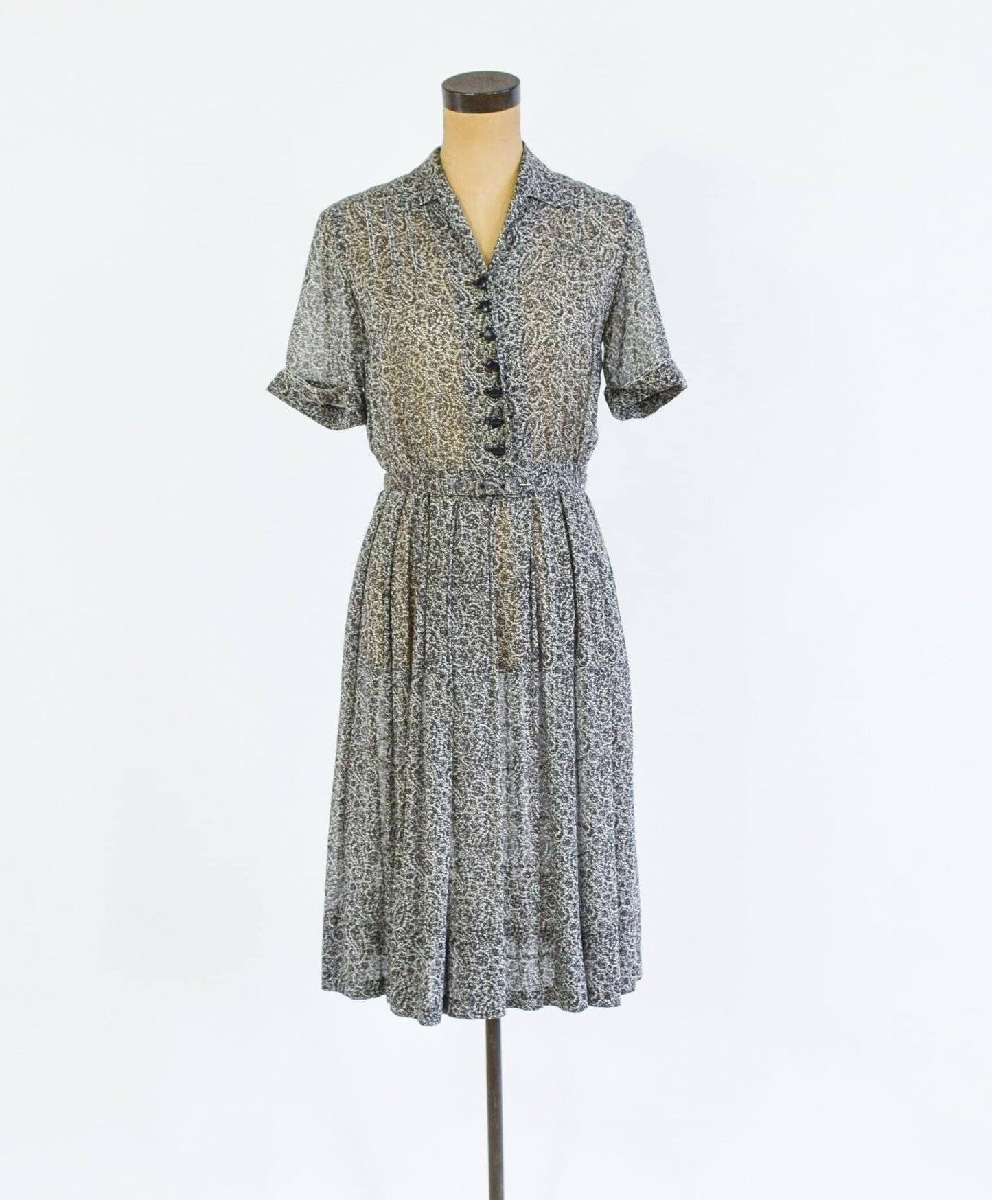 1950s Black & White Print Shirtwaist Dress, Medium