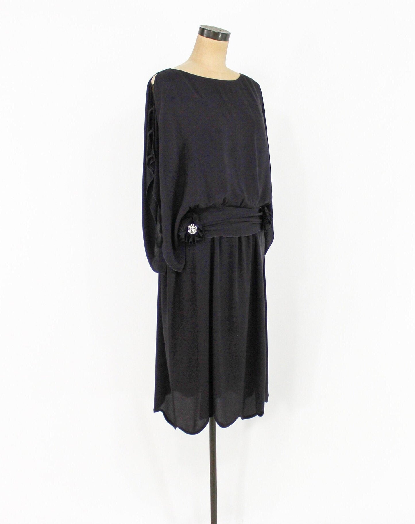 1920s Black Silk Crepe Flapper Dress with Rhinestone Detail, Large