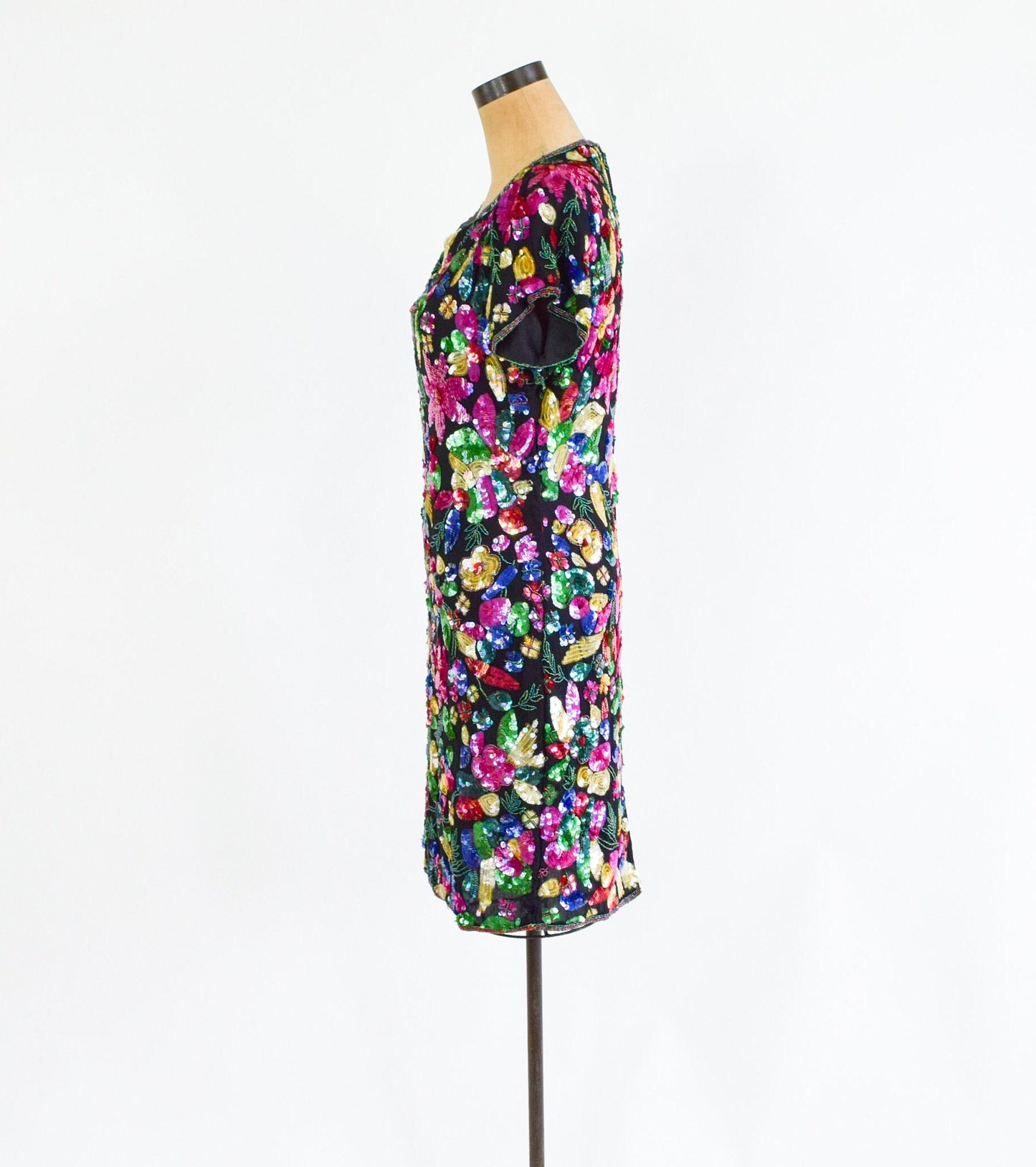 1980s Colorful Floral Sequin Party Dress, Small
