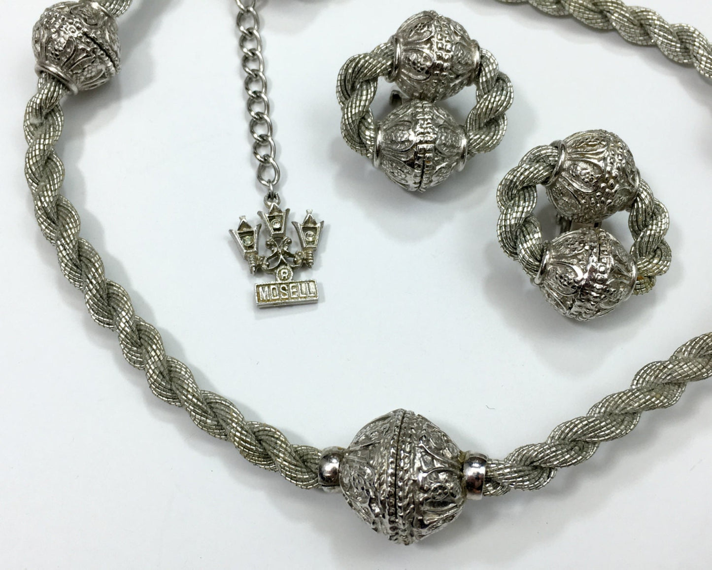 Vintage Mosell Silver Metal Necklace & Earrings Set | 1960s Choker