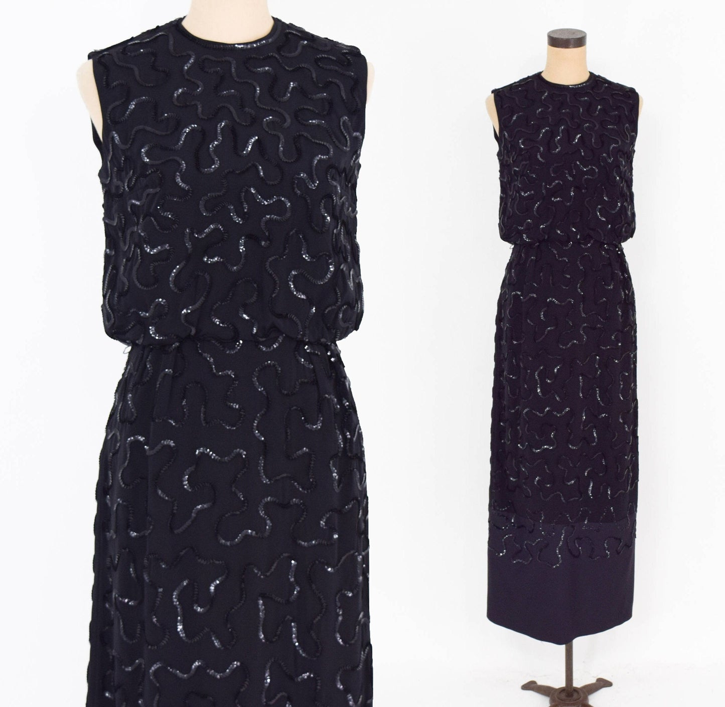 1950s Black Sequin Evening Dress | 50s Black Sleeveless Sequin Formal Dress | Medium