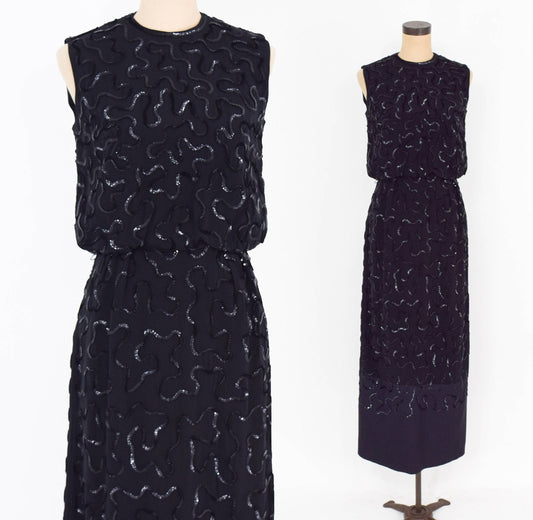1950s Black Sequin Evening Dress | 50s Black Sleeveless Sequin Formal Dress | Medium