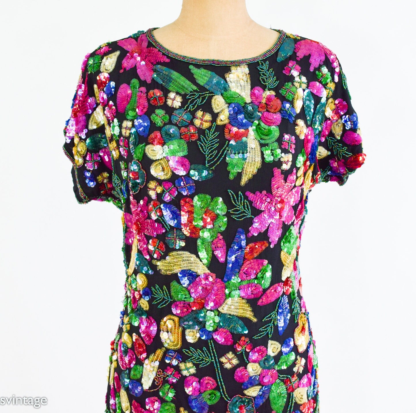 1980s Colorful Floral Sequin Party Dress, Small