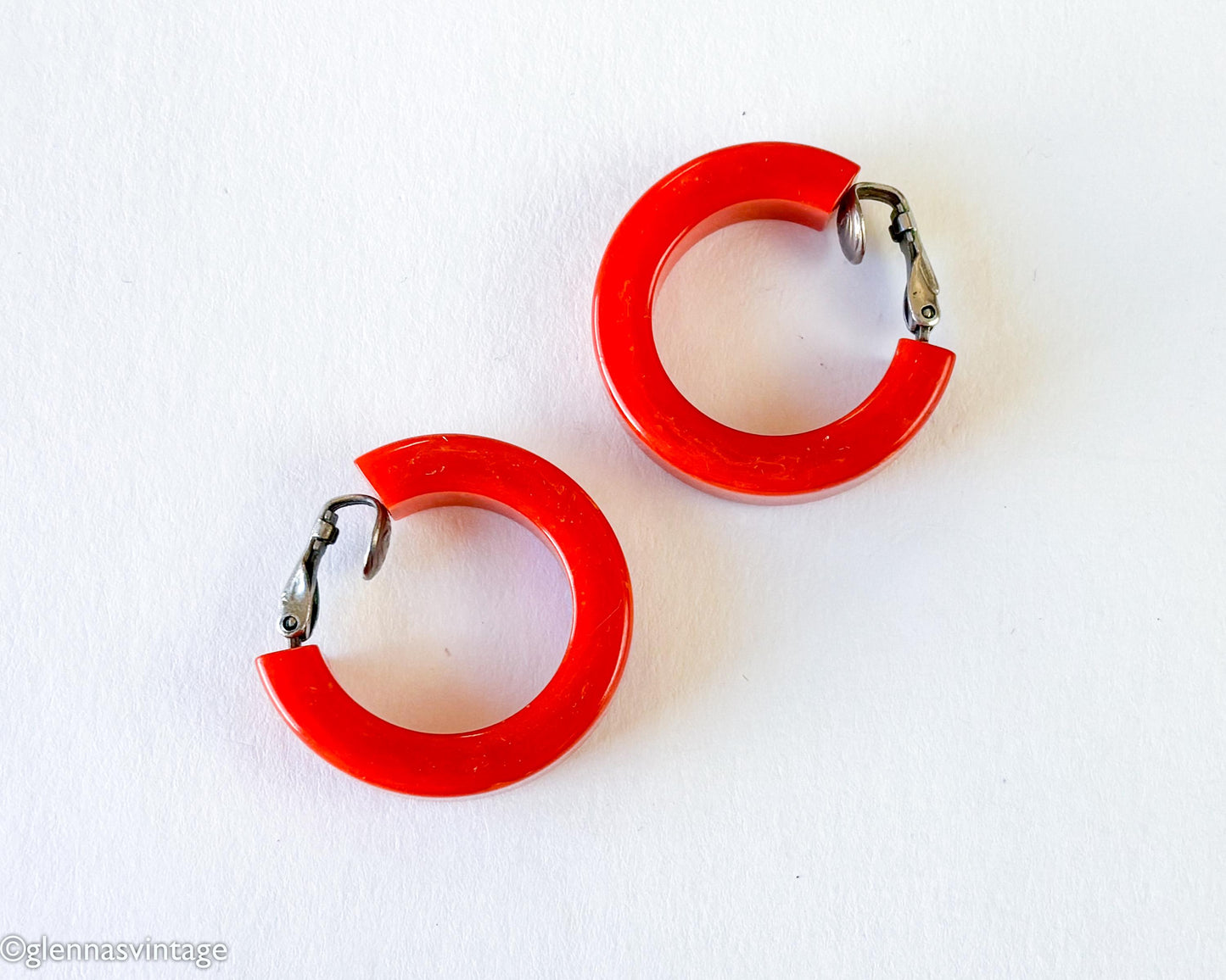 1940s Red Bakelite Earrings | Red Hoop Plastic Clips