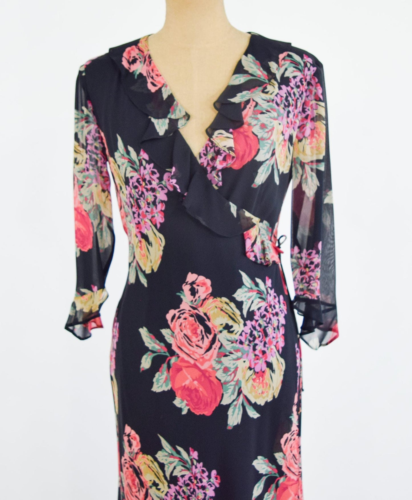 2000s Black Floral Wrap Dress, Ralph Lauren Size 8