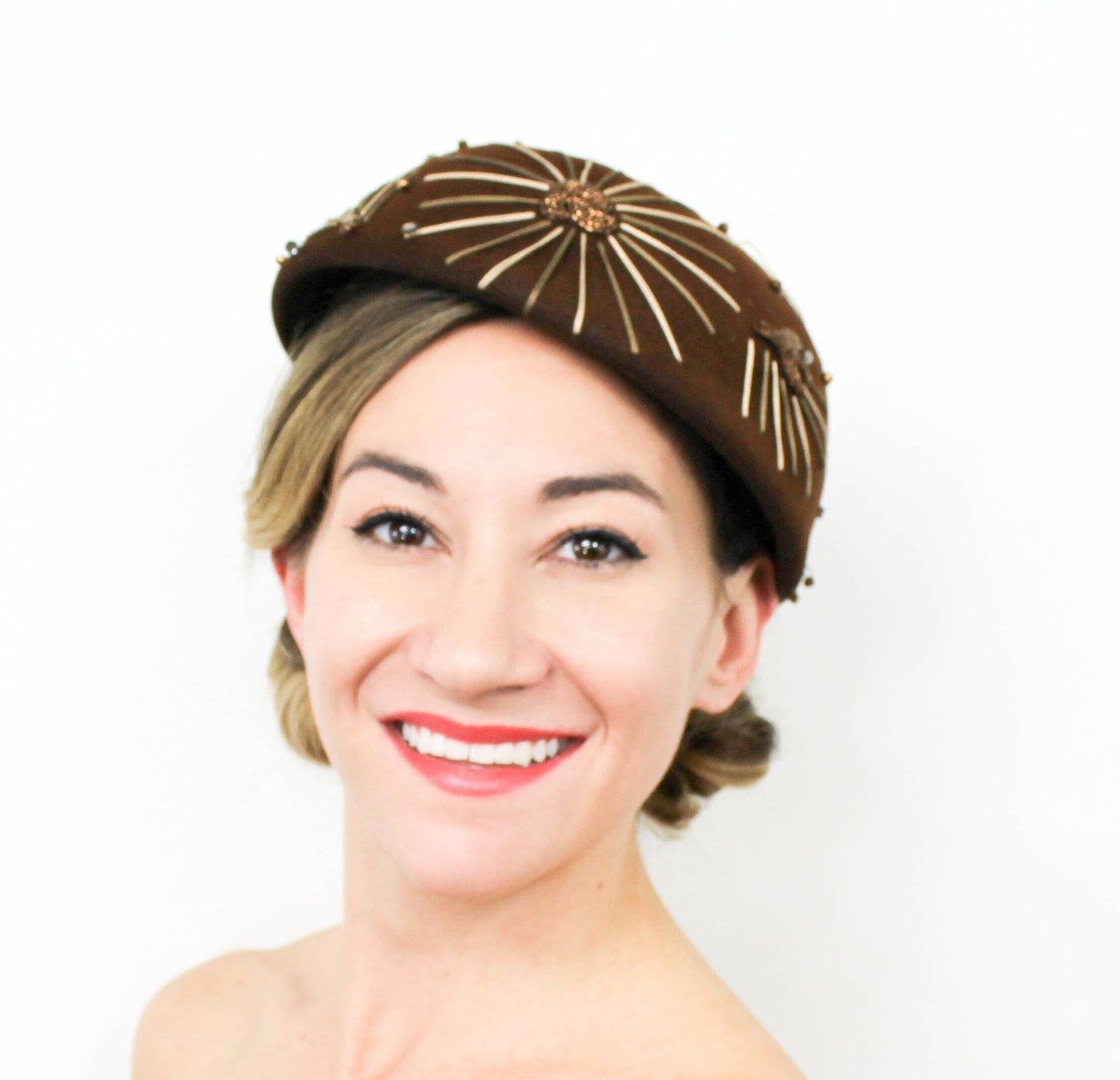 1950s Brown Rhinestone & Wool Felt Hat