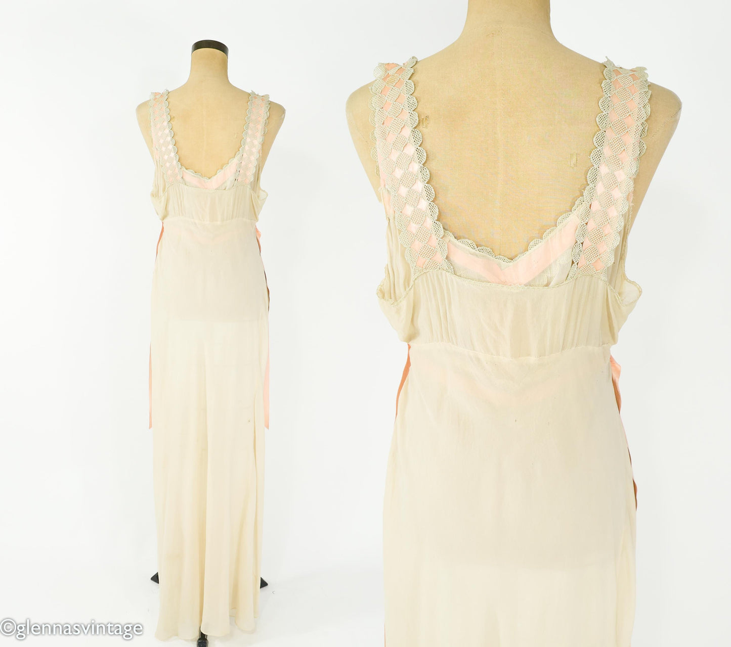 1930s Ivory Silk Chiffon Peignoir Set, Vintage Lace Nightgown, Small