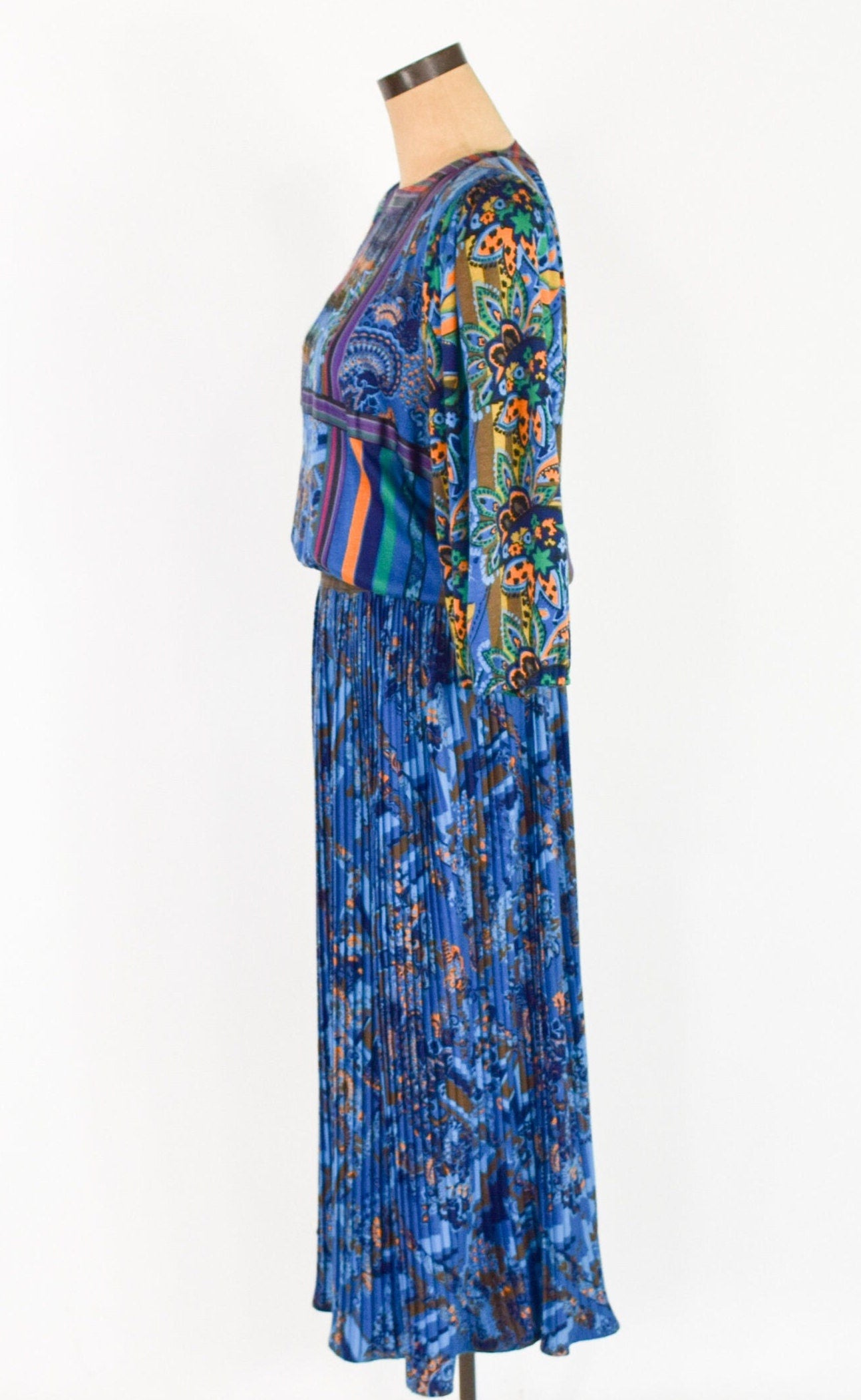 1980s Diane Freis Blue Wool Pleated Dress, Large