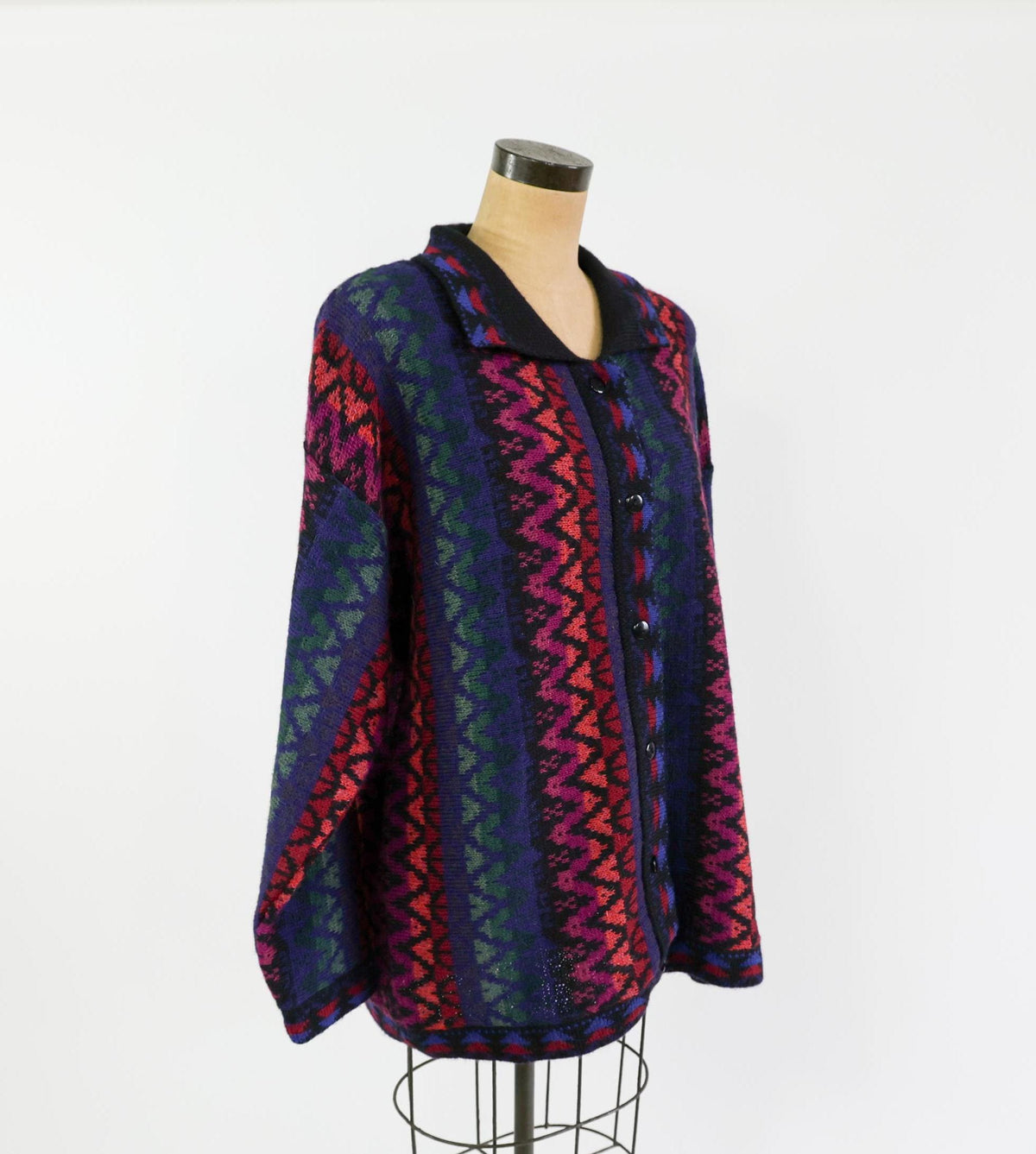 1980s Black Alpaca Wool Stripe Cardigan Sweater Jacket, Large