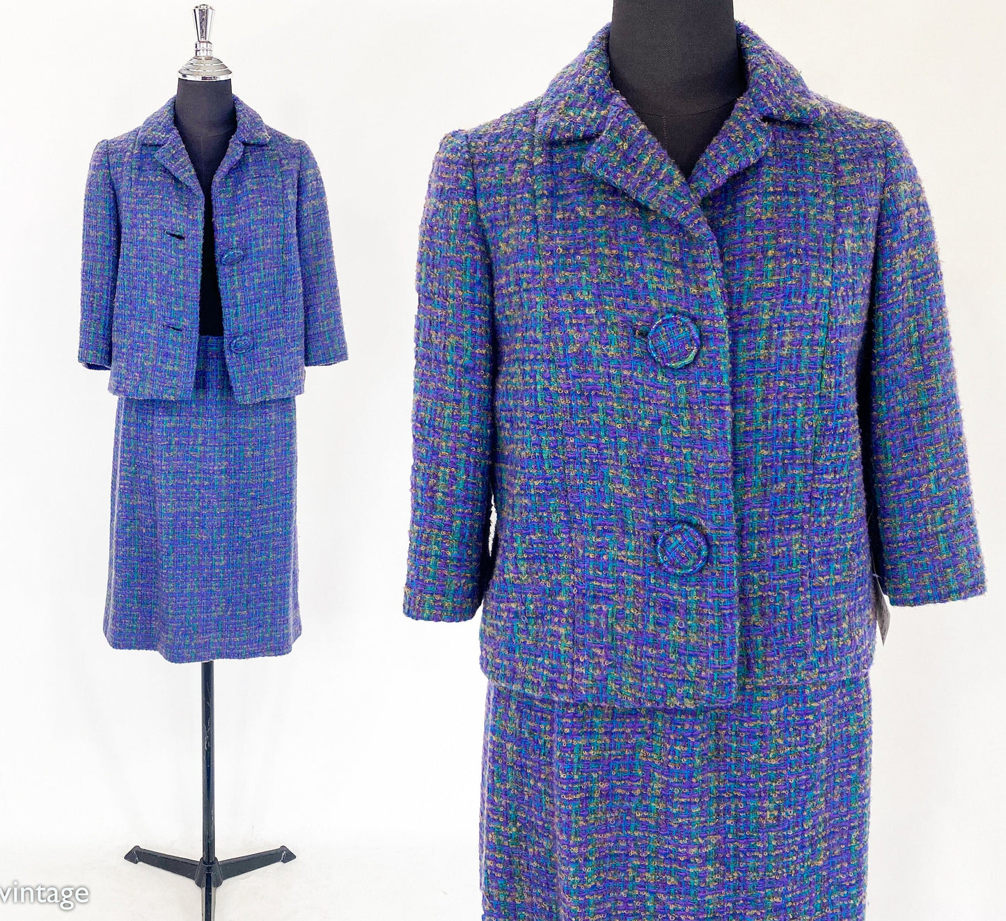 1960s Blue Plaid Wool Suit | 60s Purple Plaid Wool Tweed Suit | Jackie O | Medium