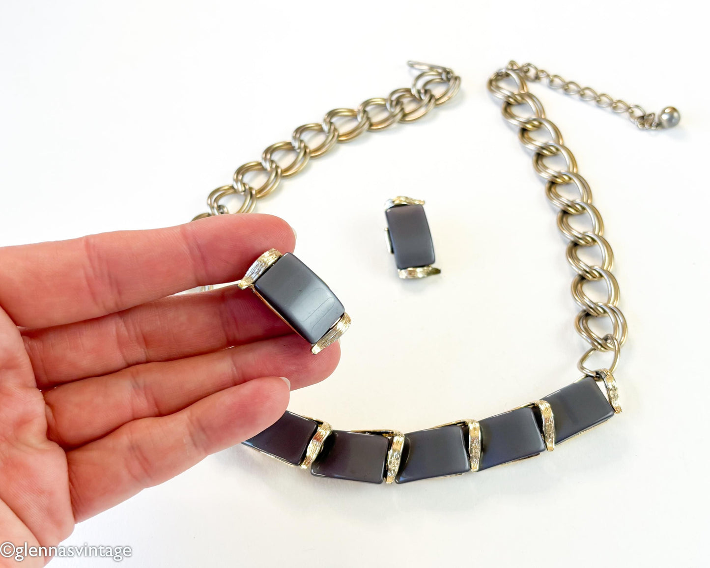 1960s Gray Lucite Necklace & Clip Earring Set | Gold Chain